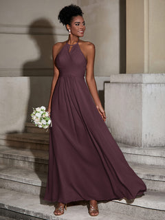 Halter Chiffon Long Dresses for Bridesmaids-Cabernet