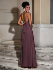 Halter Chiffon Long Dresses for Bridesmaids-Cabernet