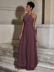 Halter Chiffon Long Dresses for Bridesmaids-Cabernet