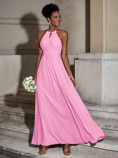 Halter Chiffon Long Dresses for Bridesmaids-Candy Pink