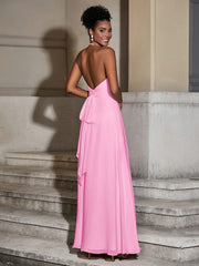 Halter Chiffon Long Dresses for Bridesmaids-Candy Pink