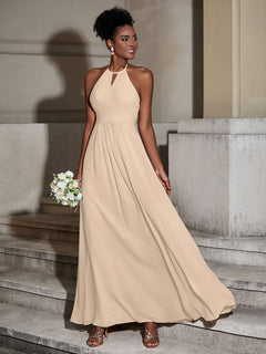 Halter Chiffon Long Dresses for Bridesmaids-Champagne