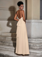 Halter Chiffon Long Dresses for Bridesmaids-Champagne