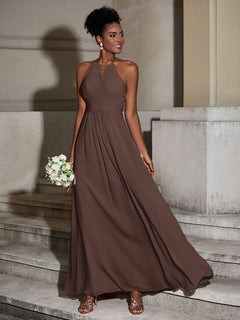 Halter Chiffon Long Dresses for Bridesmaids-Chocolate