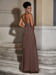 Halter Chiffon Long Dresses for Bridesmaids-Chocolate