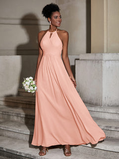 Halter Chiffon Long Dresses for Bridesmaids-Coral