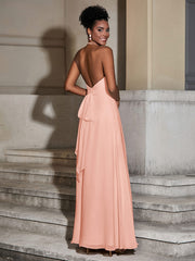 Halter Chiffon Long Dresses for Bridesmaids-Coral
