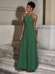 Halter Chiffon Long Dresses for Bridesmaids-Dark Green