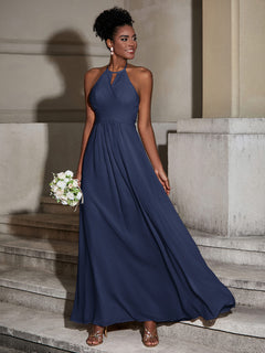 Halter Chiffon Long Dresses for Bridesmaids-Dark Navy