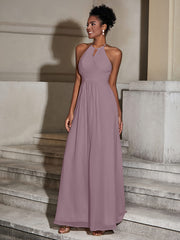 Halter Chiffon Long Dresses for Bridesmaids-Dusk