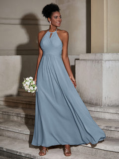 Halter Chiffon Long Dresses for Bridesmaids-Dusty Blue