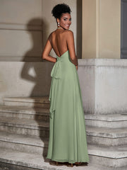 Halter Chiffon Long Dresses for Bridesmaids-Dusty Sage