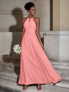 Halter Chiffon Long Dresses for Bridesmaids-Flamingo