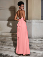 Halter Chiffon Long Dresses for Bridesmaids-Flamingo