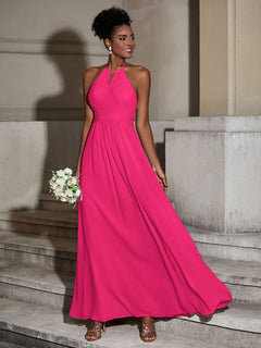 Halter Chiffon Long Dresses for Bridesmaids-Fuchsia