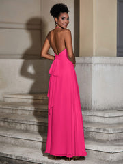 Halter Chiffon Long Dresses for Bridesmaids-Fuchsia