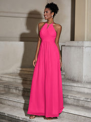 Halter Chiffon Long Dresses for Bridesmaids-Fuchsia