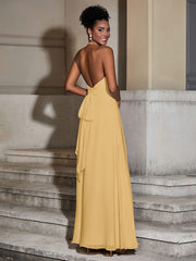 Halter Chiffon Long Dresses for Bridesmaids-Gold