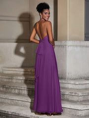 Halter Chiffon Long Dresses for Bridesmaids-Grape
