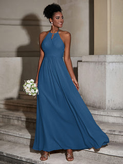 Halter Chiffon Long Dresses for Bridesmaids-Ink Blue