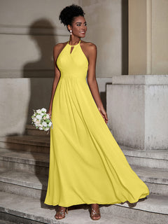 Halter Chiffon Long Dresses for Bridesmaids-Lemon