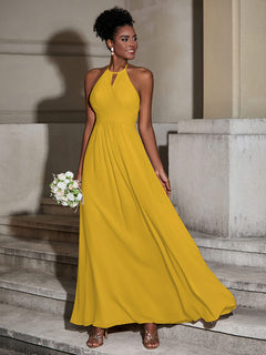 Halter Chiffon Long Dresses for Bridesmaids-Marigold