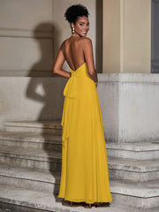 Halter Chiffon Long Dresses for Bridesmaids-Marigold