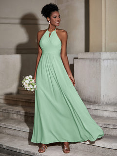 Halter Chiffon Long Dresses for Bridesmaids-Mint Green