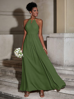 Halter Chiffon Long Dresses for Bridesmaids-Moss