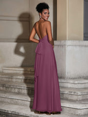 Halter Chiffon Long Dresses for Bridesmaids-Mulberry