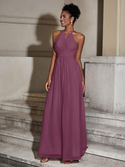 Halter Chiffon Long Dresses for Bridesmaids-Mulberry