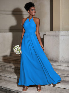 Halter Chiffon Long Dresses for Bridesmaids-Ocean Blue