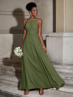 Halter Chiffon Long Dresses for Bridesmaids-Olive Green