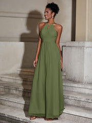 Halter Chiffon Long Dresses for Bridesmaids-Olive Green