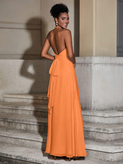 Halter Chiffon Long Dresses for Bridesmaids-Orange