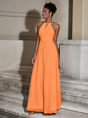 Halter Chiffon Long Dresses for Bridesmaids-Orange