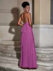Halter Chiffon Long Dresses for Bridesmaids-Orchid