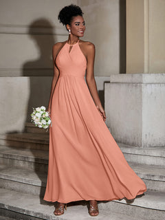 Halter Chiffon Long Dresses for Bridesmaids-Papaya