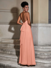 Halter Chiffon Long Dresses for Bridesmaids-Papaya