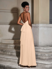 Halter Chiffon Long Dresses for Bridesmaids-Peach