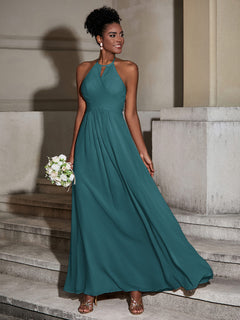 Halter Chiffon Long Dresses for Bridesmaids-Peacock