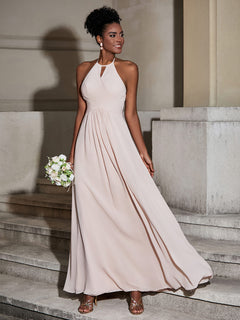 Halter Chiffon Long Dresses for Bridesmaids-Pearl Pink