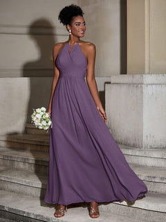 Halter Chiffon Long Dresses for Bridesmaids-Plum