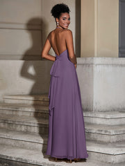Halter Chiffon Long Dresses for Bridesmaids-Plum