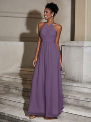 Halter Chiffon Long Dresses for Bridesmaids-Plum