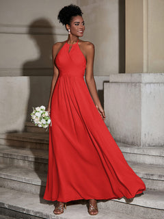 Halter Chiffon Long Dresses for Bridesmaids-Red