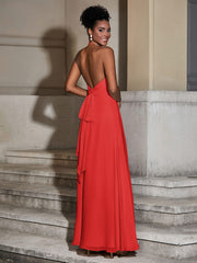 Halter Chiffon Long Dresses for Bridesmaids-Red