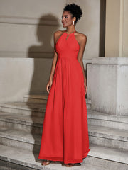 Halter Chiffon Long Dresses for Bridesmaids-Red