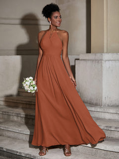 Halter Chiffon Long Dresses for Bridesmaids-Rust