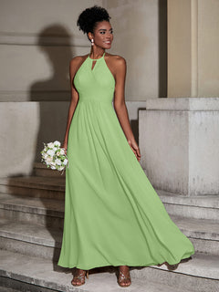 Halter Chiffon Long Dresses for Bridesmaids-Sage